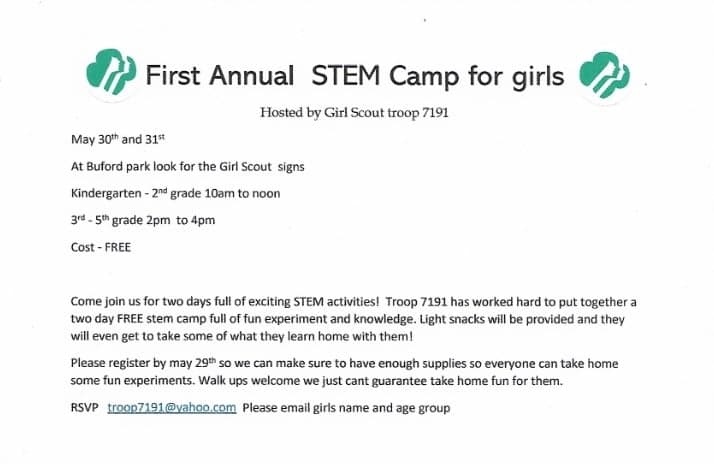 Girl Scout Troop 7191 Hosting First Annual STEM Camp for Girls on May 30th and May 31st at Buford Park.