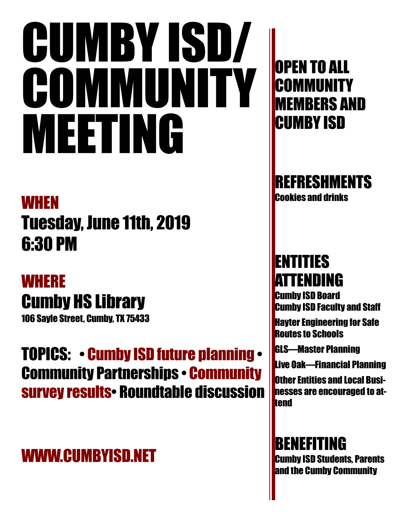 Cumby ISD Holding Community Meeting on June 11th