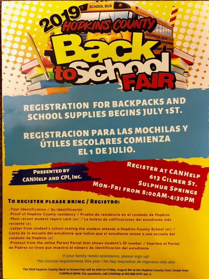 Registration Begins Today for CANHelp’s 2019 Hopkins County Back to School Fair. 