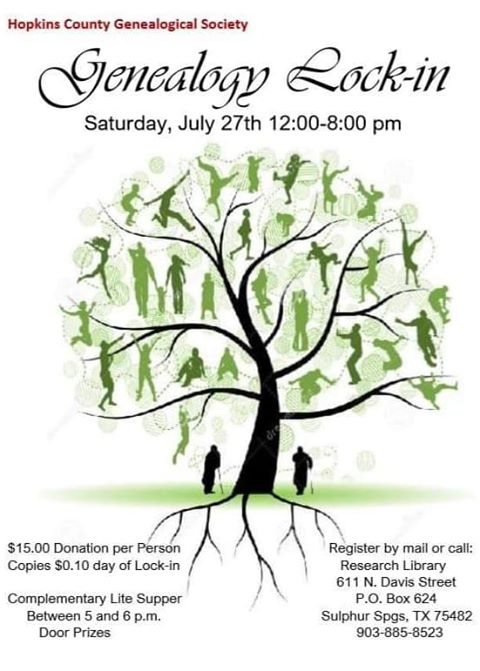 Hopkins County Genealogical Society Hosting Genealogy Lock-In on Saturday, July 27th