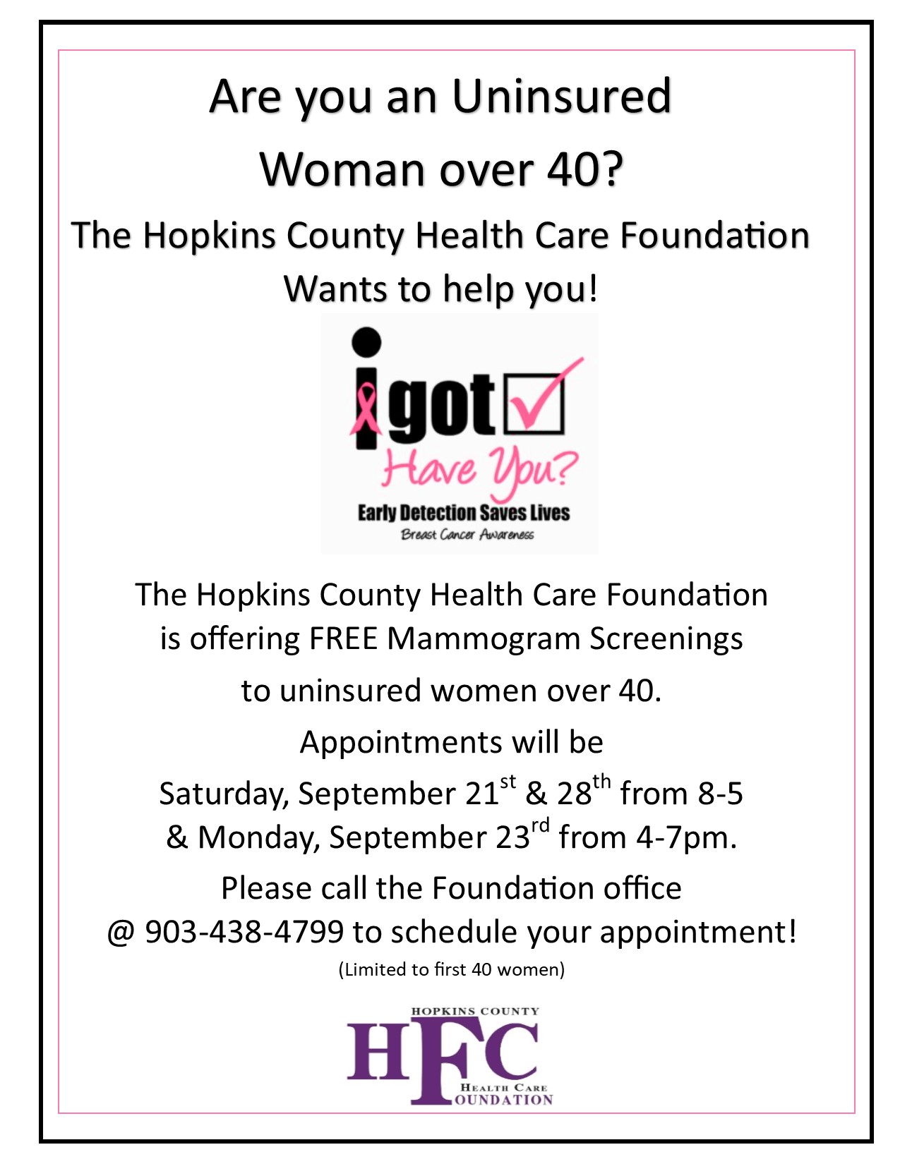 Hopkins County Health Care Foundation Offering Free Mammogram Screenings for Uninsured Women Over 40