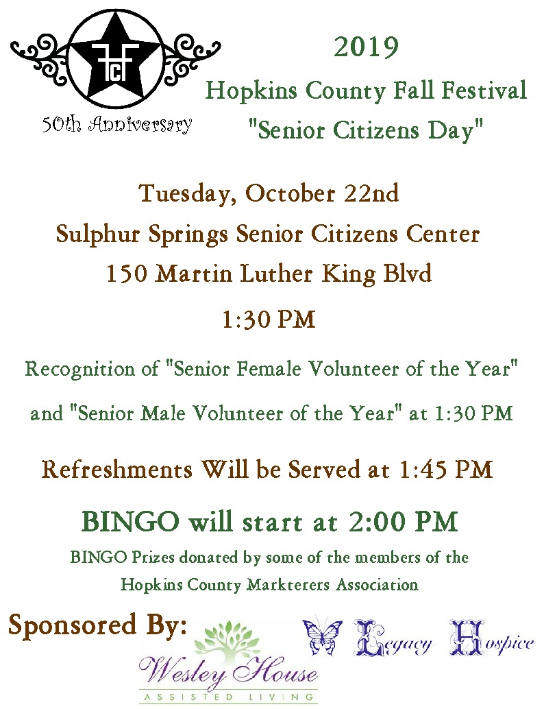 2019 Hopkins County Fall Festival Presented by SS Dodge Hosting Senior Citizens Day on Tuesday, October 22nd