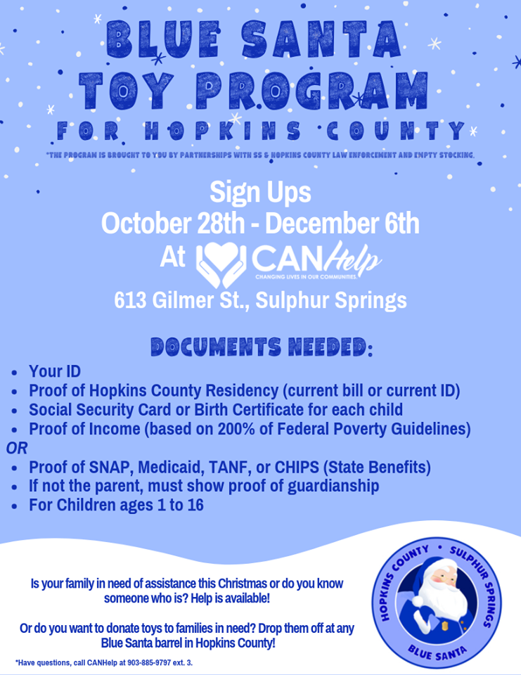Hopkins County Blue Santa/Empty Stocking Toy Program Sign-ups Begin October 28th