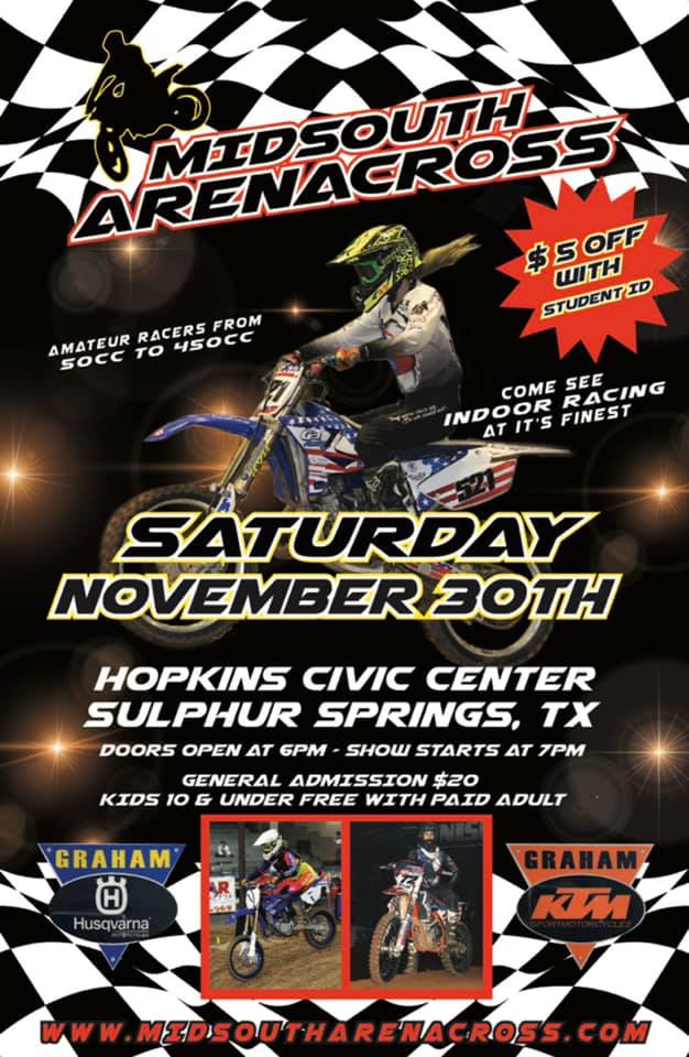 Midsouth Arenacross Amateur Motocross Coming to Sulphur Springs on Saturday, November 30th