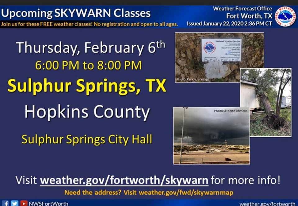 National Weather Service Hosting Free SKYWARN Weather Class in Sulphur Springs on Thursday, February 6th