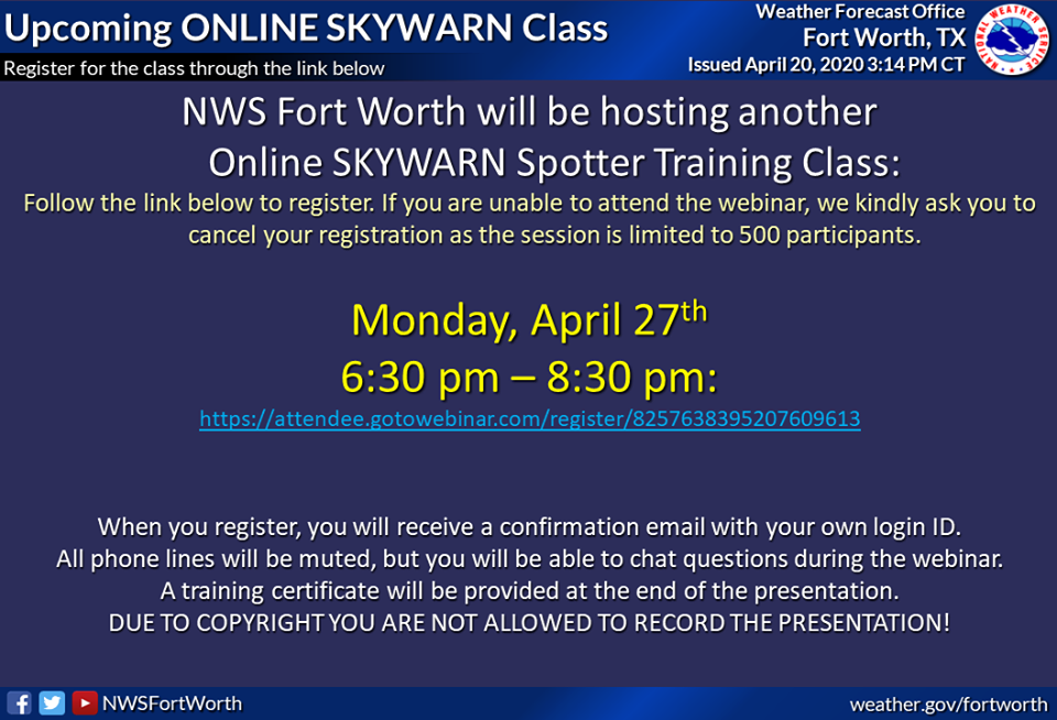 National Weather Service Hosting Free Online SKYWARN Weather Class on Monday, April 27th