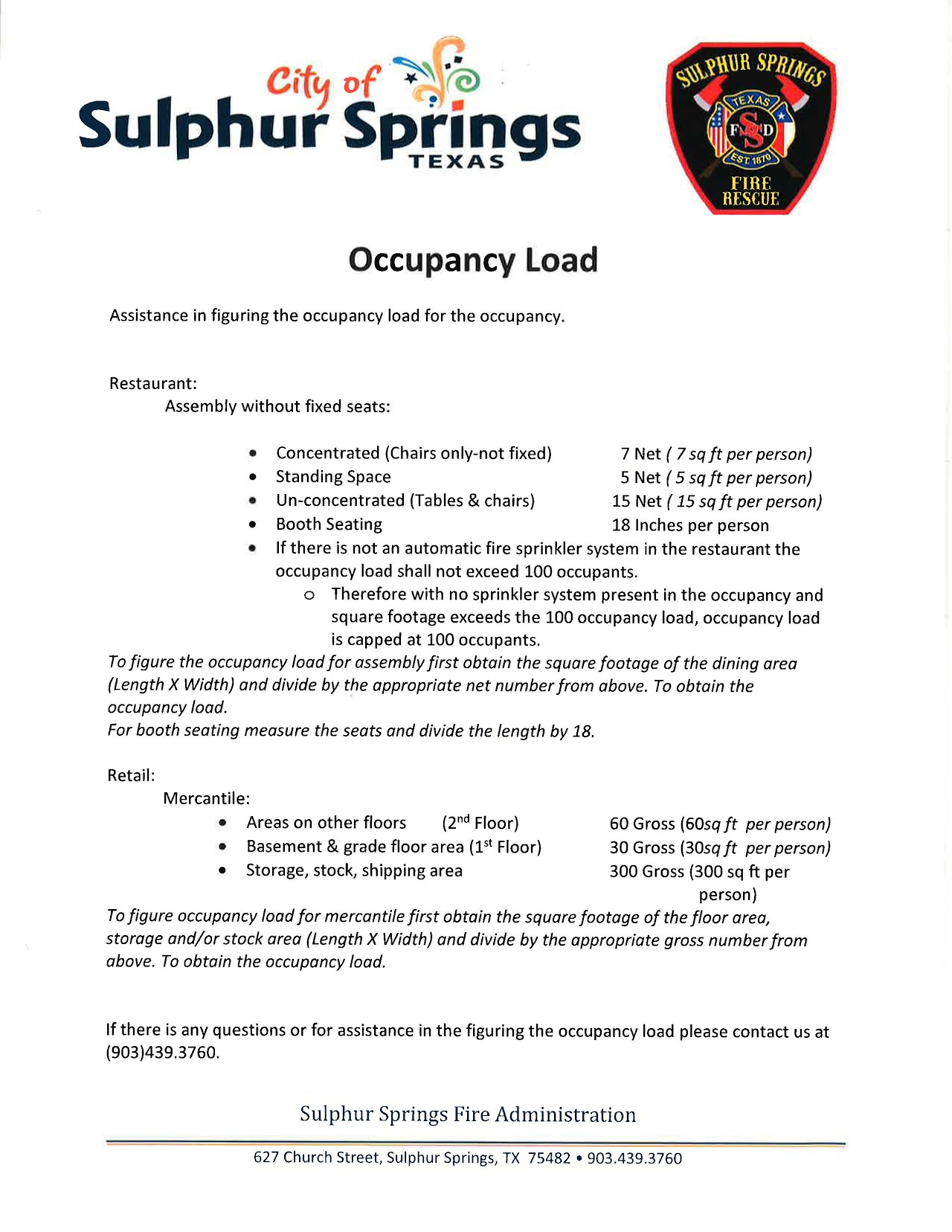 Sulphur Springs Fire Rescue Issues Guidance for Businesses Determining Their Occupancy Load