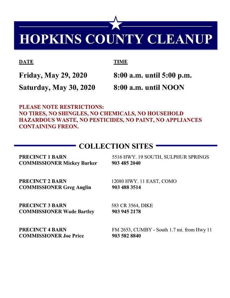 Hopkins County Cleanup Days Set for May 29th and 30th