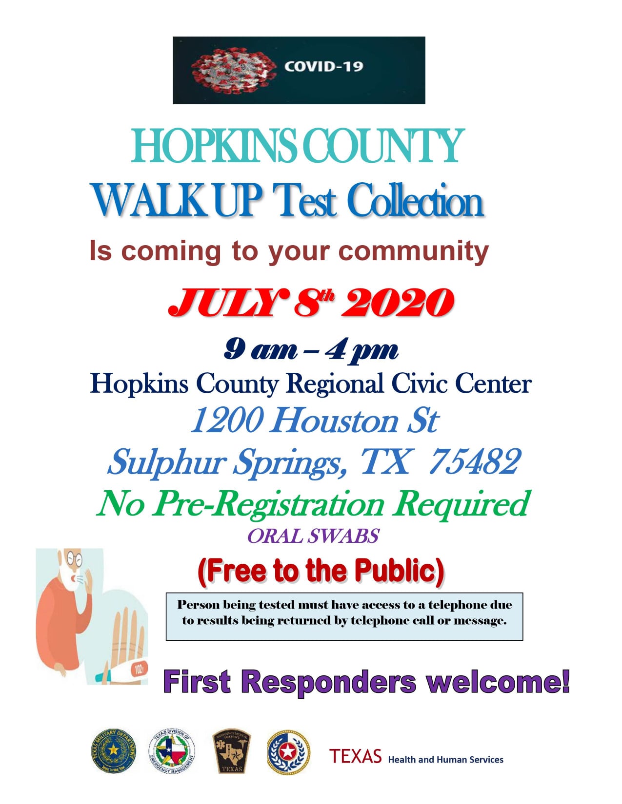 Free Walk-Up COVID-19 Testing Being Held at Civic Center on Wednesday