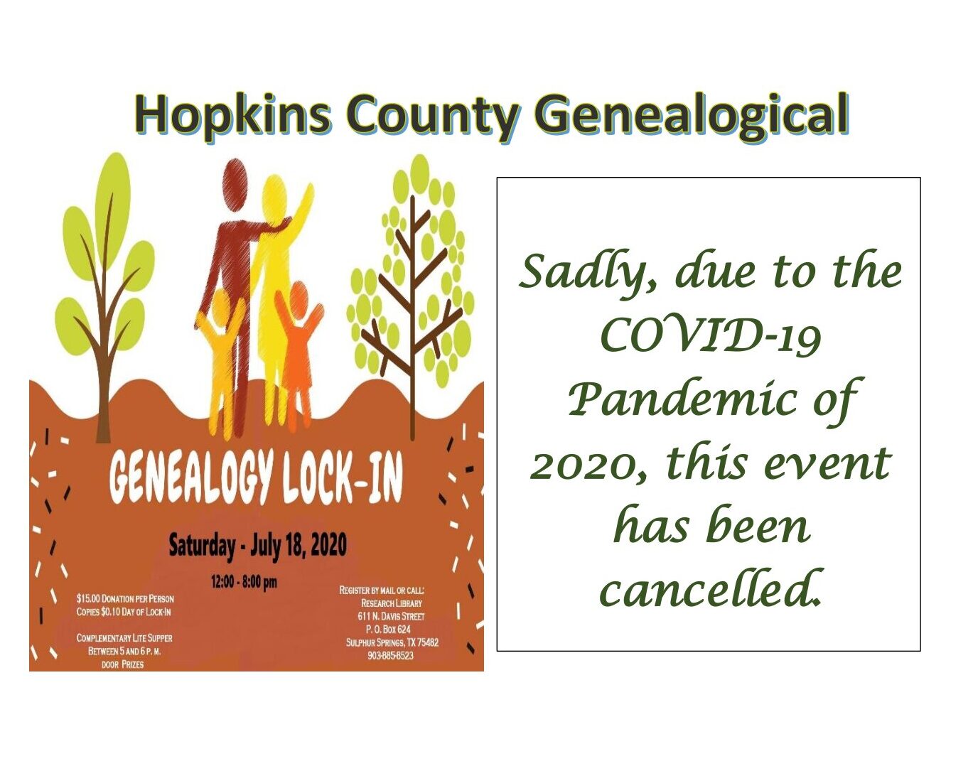 Hopkins County Genealogical Society Cancels July 18th Lock-In