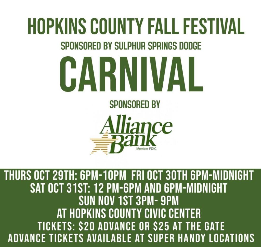 Hopkins County Fall Festival Carnival in Town Thursday through Sunday