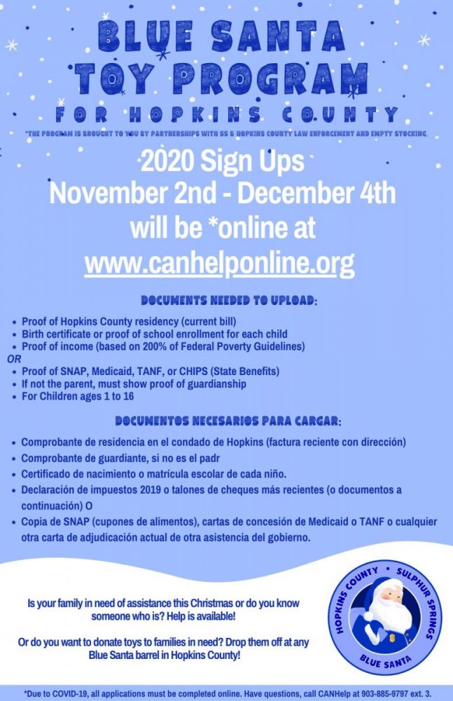 Hopkins County Blue Santa Registrations Going on Now Through December 4th