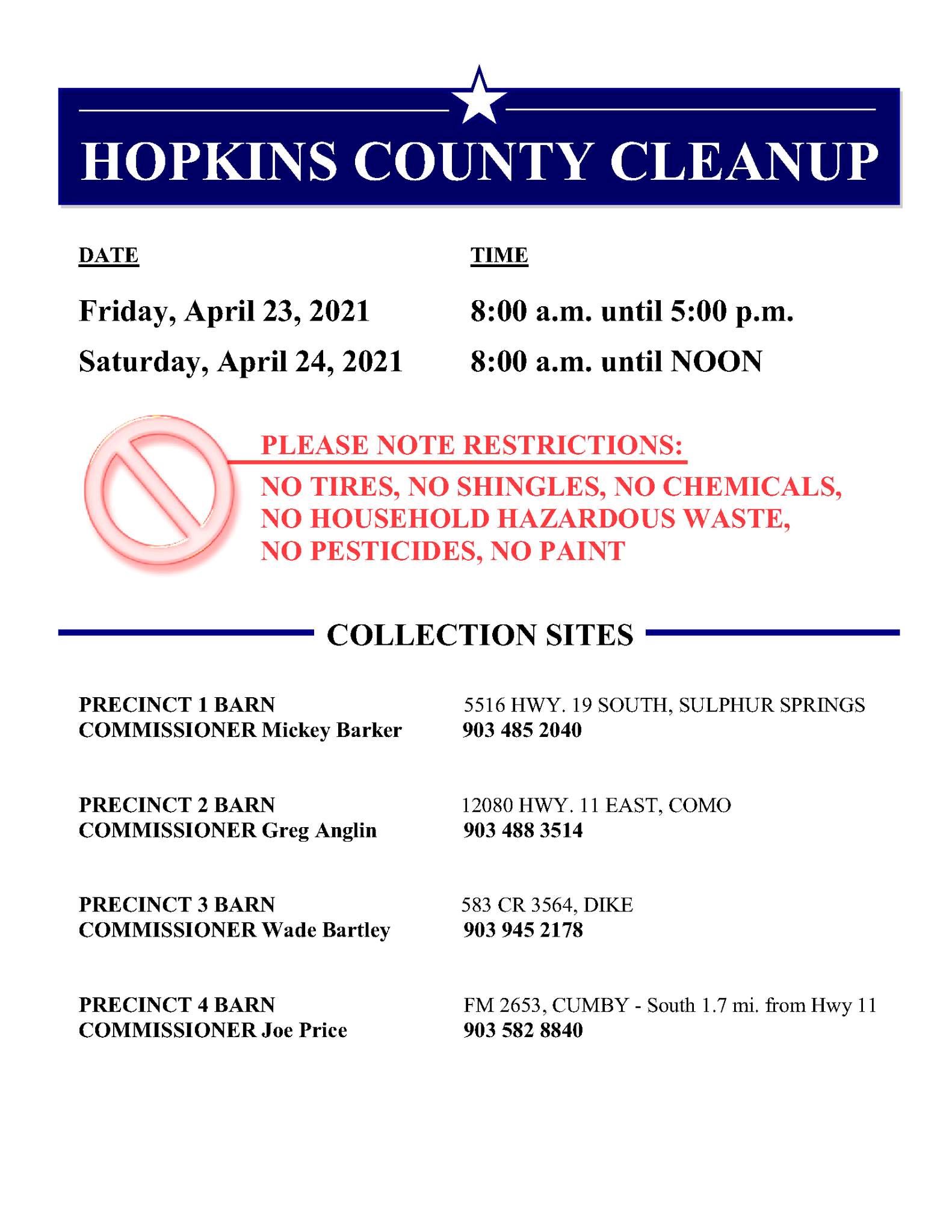 Hopkins County Cleanup Days Coming Up on April 23rd and 24th