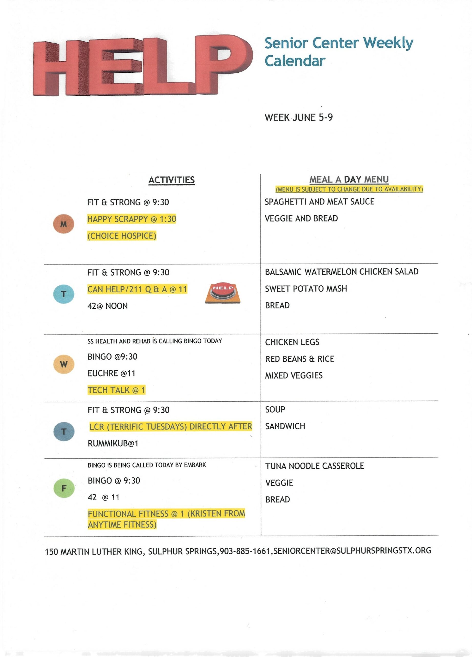 Meal-A-Day For June 5-9